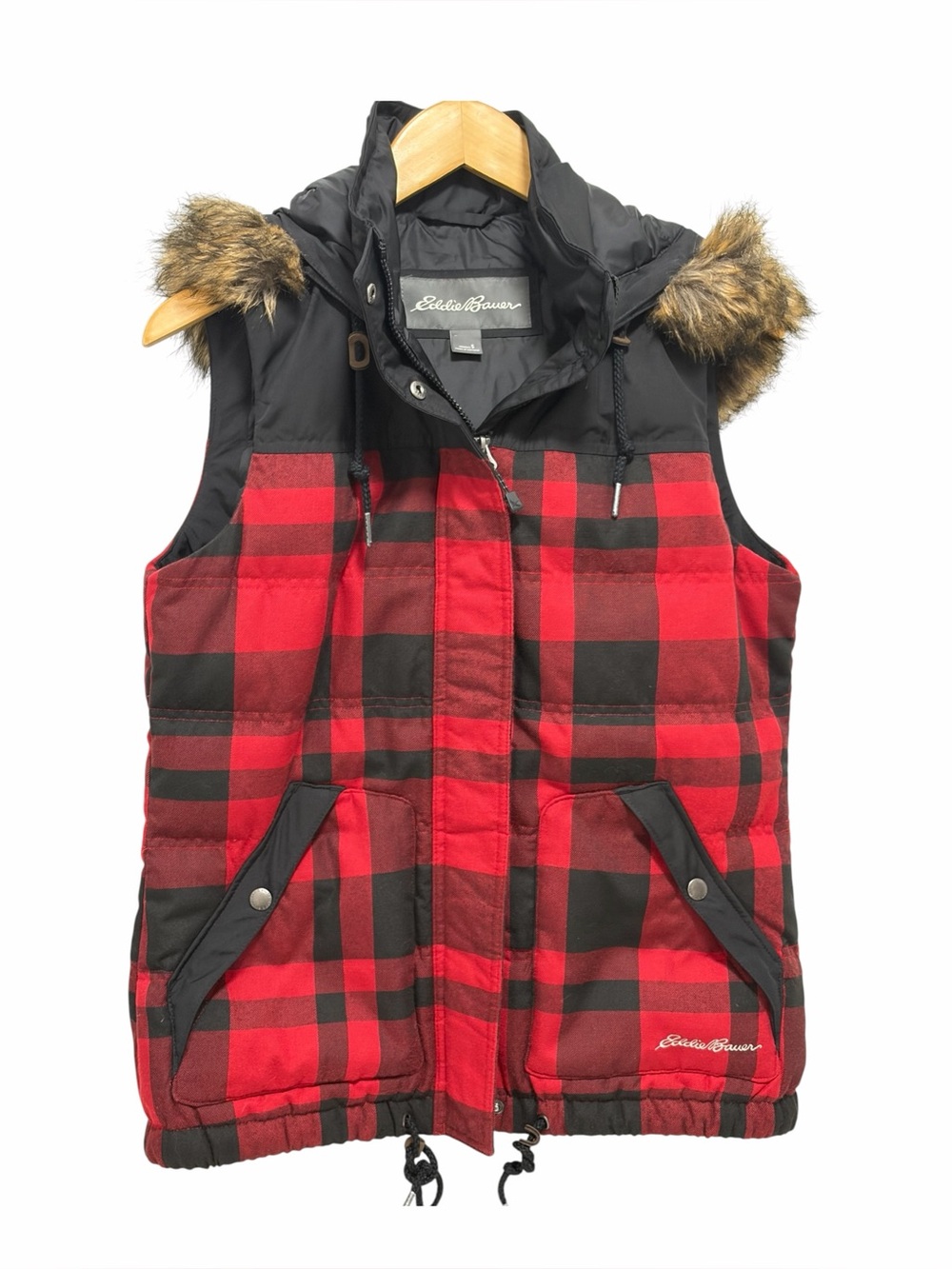 Eddie Bauer DOWN Black Red Flannel Print Hooded Winter Vest - Like New - Small